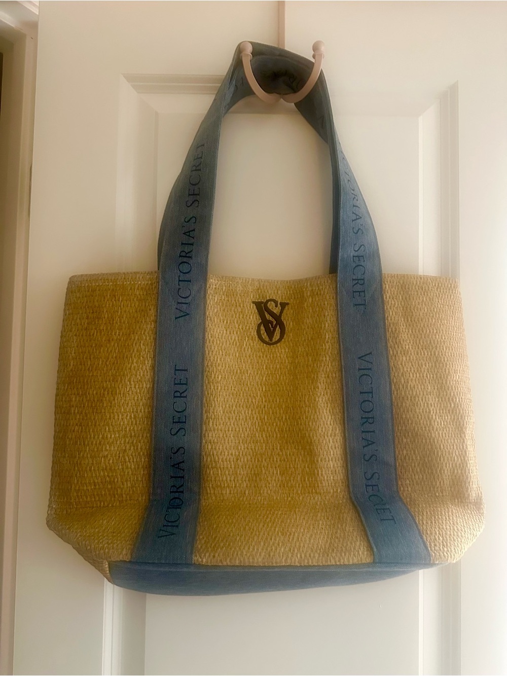 Victoria's Secret Natural Straw Tote with Blue Denim Logo Straps